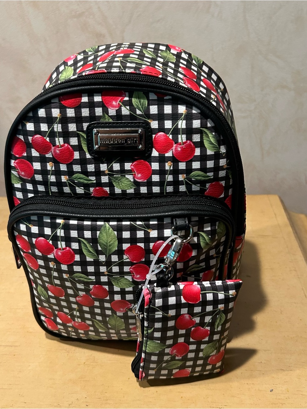 Madden girl mini backpack gingham pattern with a cherry print and wallet